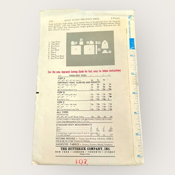 Vintage Butterick Sewing Pattern 3794 Toddler Dress Size 2 - Picture 2 of 2